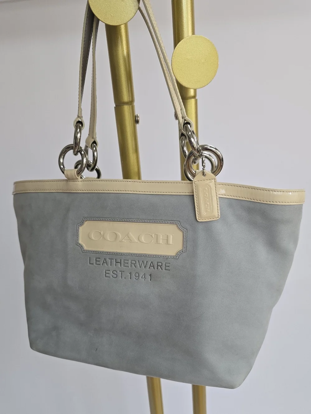 COACH Light Blue Suede Shoulder Purse with Cream Trim Hampton